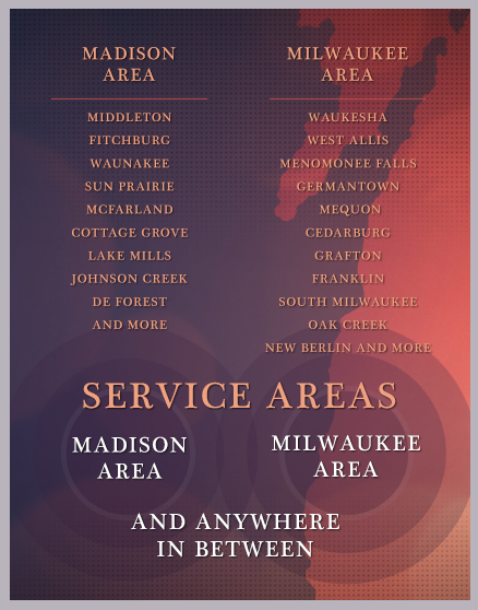 Milwaukee and Madison Area DJs Entertain Weddings to Corporate Events in Germantown, Cedarburg, Mequon, Middleton, Fitchburg, Waunakee, Cottage Grove, Lake Mills, Johnson Creek, South Milwaukee, Oak Creek, Waukesha and Everything in Between Serving all locations from Madison Wisconsin to Milwaukee Wisconsin
